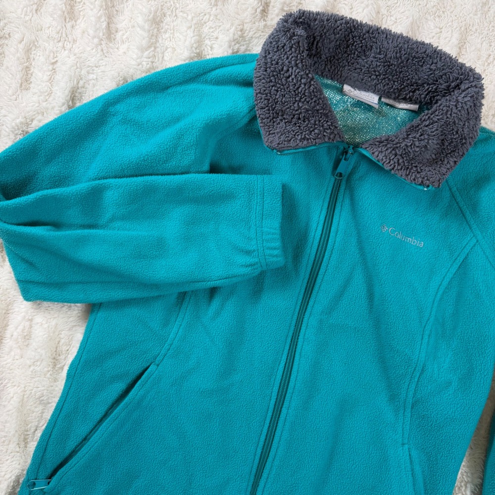 Columbia Omni-Heat Fleece Jacket Teal Blue Full Zip Sherpa Collar Womens Small